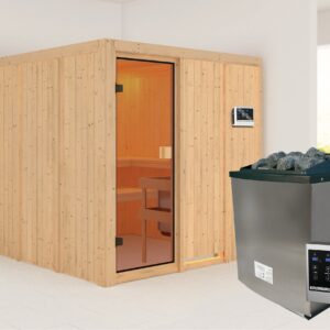 Karibu Sauna ""Ouno" mit bronzierter Tür SET naturbelassen mit Ofen 9 kW ext. Strg."