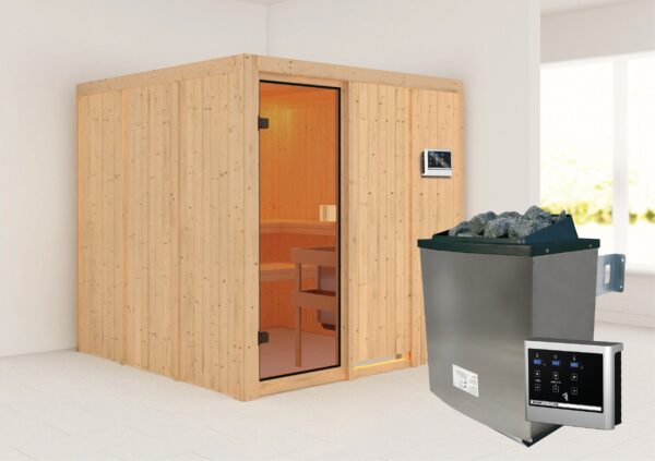 Karibu Sauna ""Ouno" mit bronzierter Tür SET naturbelassen mit Ofen 9 kW ext. Strg."