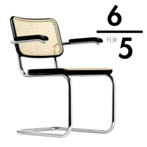 Auf einen Blick THONET Armlehnenstuhl freischwingend S 64 V  Holzrahmen und Armauflagen Buche gebeizt schwarz Die Ausführung dieses Stuhles ohne Armlehnen finden Sie hier Sitz-Rohrgeflecht mit Verstärkungsgewebe Freischwinger-Gestell Stahlrohr verchromt  Im Standard ohne Gleiter (nur für Teppichböden) Weitere Beiztöne für den Rahmen und Gestellfarben auf Anfrage Sitzhöhe 46 cm Gesamthöhe 80 cm Breite 58 cm Tiefe 62 cm Gewicht 7