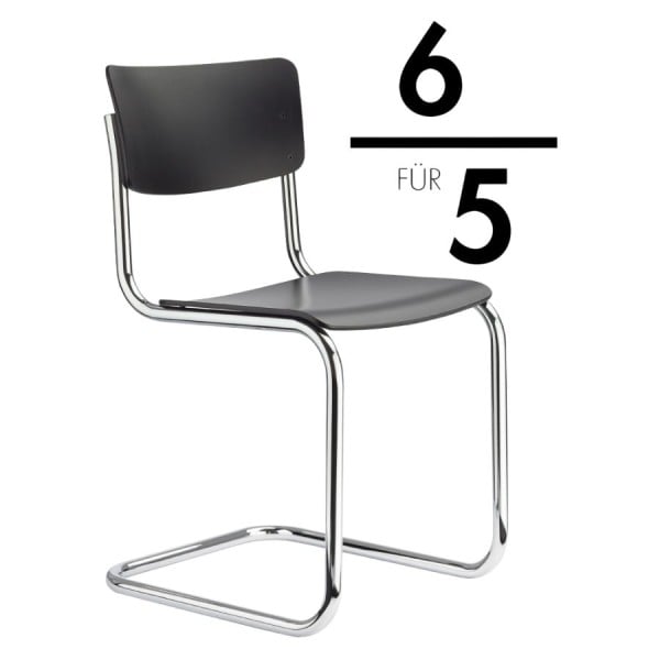 Auf einen Blick THONET Stahlrohr-Freischwinger S 43 Sitz- und Rücken mit Formholzschalen - Buche TP29 schwarz deckend gebeizt  Freischwinger-Gestell Stahlrohr verchromt  Die Ausführung dieses Stuhles mit Armlehnen finden Sie hier Im Standard ohne Gleiter (nur für Teppichböden) Weitere Beiztöne für Sitz- und Rückenfläche sowie Gestellfarben auf Anfrage Nicht stapelbar Sitzhöhe 46 cm Gesamthöhe 82 cm Breite 44 cm Tiefe 52 cm Gewicht 6