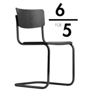 Auf einen Blick THONET Stahlrohr-Freischwinger S 43 Mindestabnahmemenge 2 Stück Sitz- und Rücken mit Formholzschalen - Buche TP29 deckend schwarz gebeizt  Freischwinger-Gestell Stahlrohr schwarz matt (RAL 9005) Inklusive Universalgleiter schwarz  Weitere Beiztöne für Sitz- und Rückenfläche sowie Gestellfarben auf Anfrage Nicht stapelbar Sitzhöhe 46 cm Gesamthöhe 82 cm Breite 44 cm Tiefe 52 cm Gewicht 6