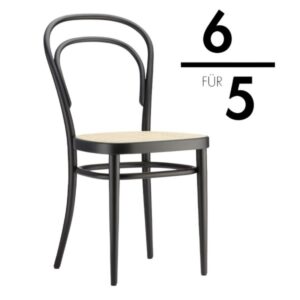 Auf einen Blick THONET Bugholzstuhl/Kaffeehausstuhl 214  Holzrahmen und Vierfuß-Gestell Buche gebeizt schwarz Sitz-Rohrgeflecht mit Verstärkungsgewebe Inklusive Universalgleiter Weitere Beiztöne für den Rahmen auf Anfrage Sitzhöhe 46 cm Gesamthöhe 84 cm Breite 43 cm Tiefe 52 cm Gewicht 2