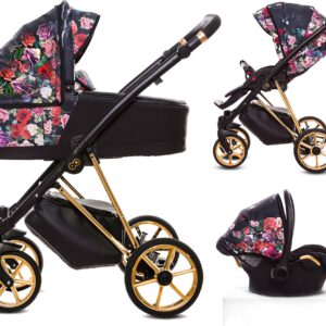 TPFLiving 3in1 Kinderwagen Dark Rose - Gestell Gold