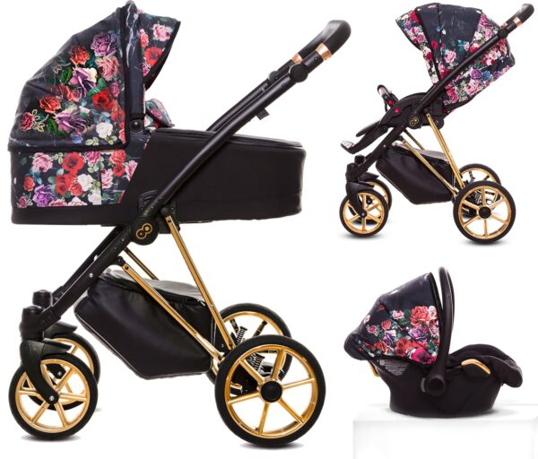 TPFLiving 3in1 Kinderwagen Dark Rose - Gestell Gold