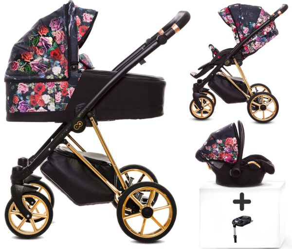 TPFLiving 4in1 Kinderwagen Dark Rose mit Isofix - Gestell Gold