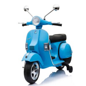 TPFLiving Elektro-Kindermotorrad Vespa - Kindermotorrad - Elektromotorrad - Ledersitz und Stützräder - blau