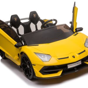 TPFLiving Elektro-Kinderauto Lamborghini Aventador SVJ Doppelsitzer - Kinderauto - Elektroauto - Ledersitz und Sicherheitsgurt - gelb