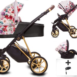 TPFLiving 4in1 Kinderwagen Light Dark Rose mit Isofix - Gestell Gold