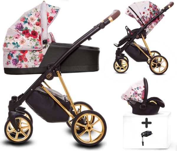 TPFLiving 4in1 Kinderwagen Light Dark Rose mit Isofix - Gestell Gold