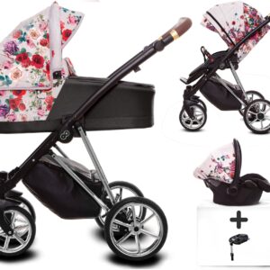 TPFLiving 4in1 Kinderwagen Light Dark Rose mit Isofix - Gestell Silber