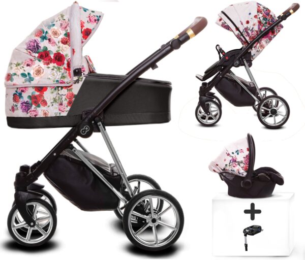 TPFLiving 4in1 Kinderwagen Light Dark Rose mit Isofix - Gestell Silber