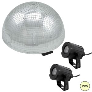 Set Halbspiegelkugel 40cm + 2 x LED Pinspot 3W Warmweiss