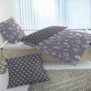 Primera Edelflanell Bettwäsche 155x220 Wende Blumen Kreise grau rosa 174002-084 EAN:4002895020435