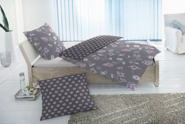 Primera Edelflanell Bettwäsche 155x220 Wende Blumen Kreise grau rosa 174002-084 EAN:4002895020435