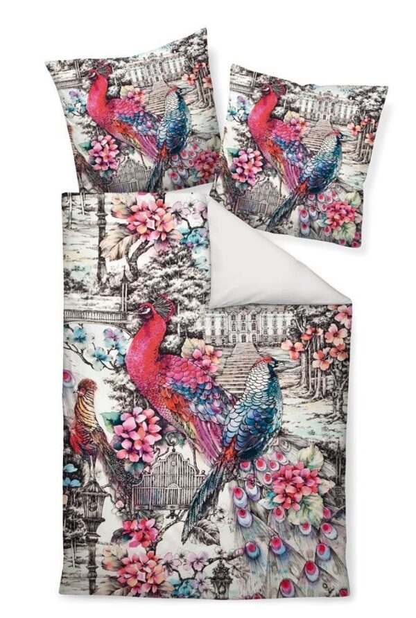 Janine Modern Art Mako-Satin Bettwäsche 155x220 Pfau Vogel rot pink 42042-01 EAN:4004565638865