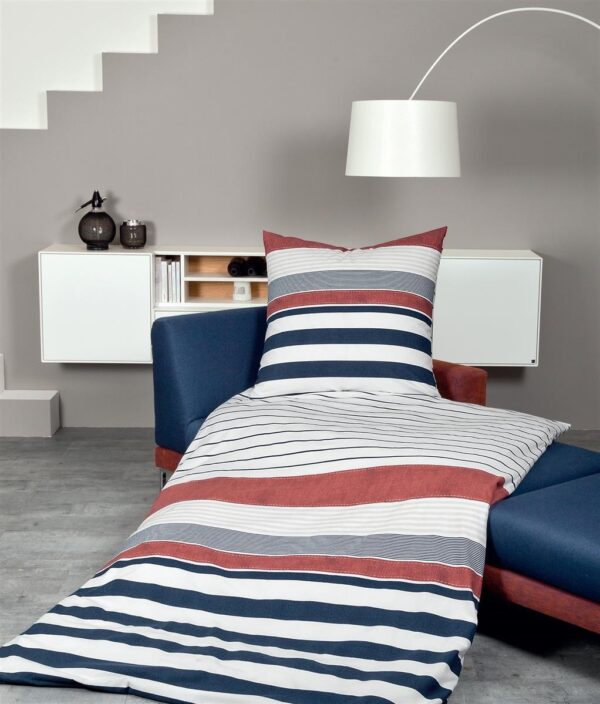 Janine Feinbiber Bettwäsche Davos 240x220 cm Streifen blau rot marine 65056-01 EAN:4004565694960