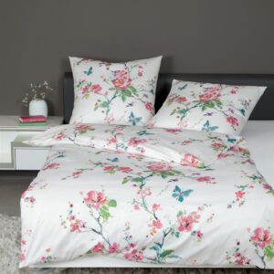 Janine Moments Mako-Satin Bettwäsche 155x220 Blüten Rispen grün rosa 98050-1 EAN:4004565771135