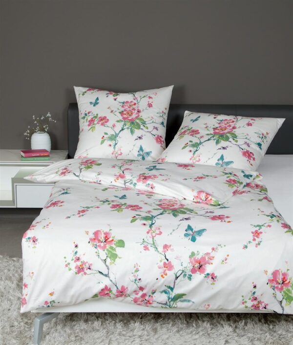 Janine Moments Mako-Satin Bettwäsche 155x220 Blüten Rispen grün rosa 98050-1 EAN:4004565771135