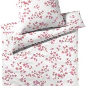 Elegante Mako Honeymoon Jersey Bettwäsche 135x200 Blumen Vögel rosa 3500-1 EAN:4029058667832