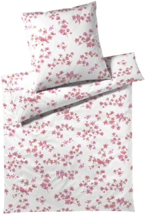 Elegante Mako Honeymoon Jersey Bettwäsche 135x200 Blumen Vögel rosa 3500-1 EAN:4029058667832