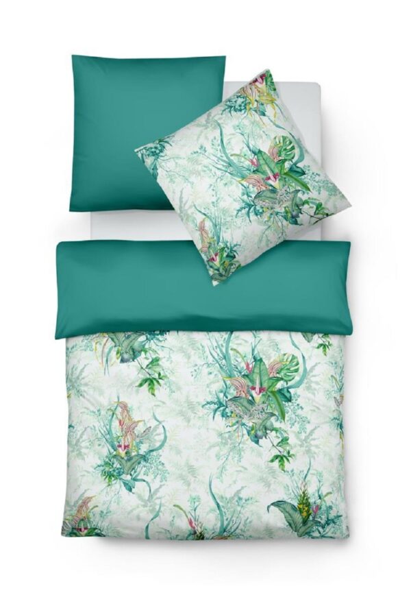 Fleuresse Mako-Satin Bettwäsche 155x220 Tropic Blätter petrol Wende 114065-5 EAN:4043202598247