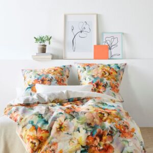 Fleuresse Halbleinen Bettwäsche 155x220 Blumen Aquarell orange petrol 344413-09 EAN:4043202658774