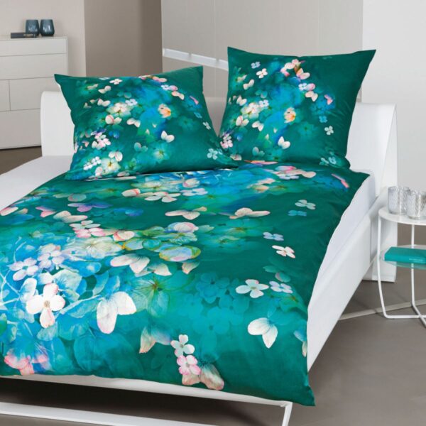 Janine Modern Art Mako-Satin Bettwäsche 155x220 Blüten eisblau grün 42100-06 EAN:4065334062762