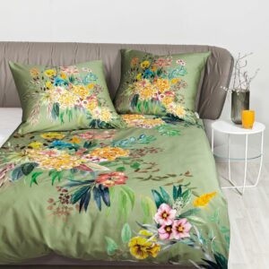 Janine Modern Art Mako-Satin Bettwäsche 135x200 Blumen Blätter grün 42121-06 EAN:4065334093797