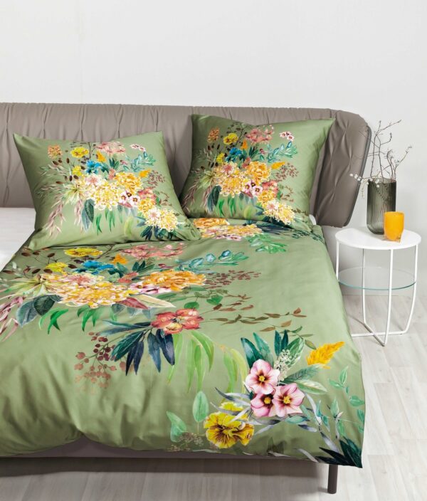 Janine Modern Art Mako-Satin Bettwäsche 135x200 Blumen Blätter grün 42121-06 EAN:4065334093797