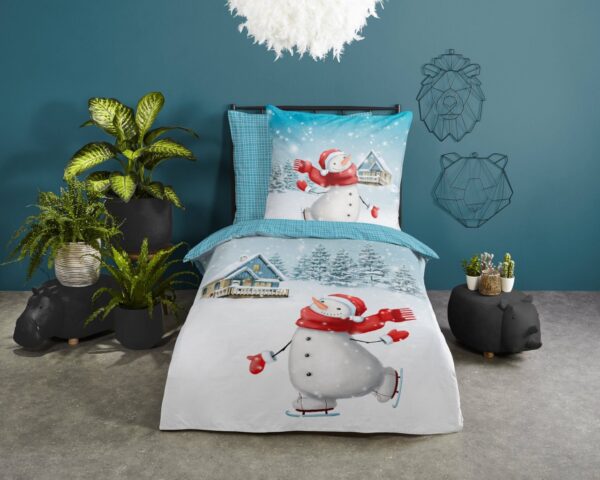 Good Morning Kids Flanell Bettwäsche 135x200 Snowman Schneemann Winter blau 3... EAN:8717285222301