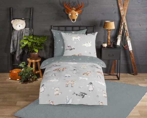 Good Morning Kids Flanell Bettwäsche 135x200 Cira Antarktis Wende silber 30989 EAN:8717285222387