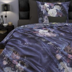 Heckett & Lane Mako-Satin Bettwäsche 155x220 Vanna Nightshadow Rosen Blumen blau EAN:8718518151252