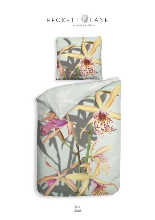 Heckett & Lane Mako-Satin Eco Bettwäsche 155x220 Isla Orchidee Blumen gelb mint EAN:8718518257305