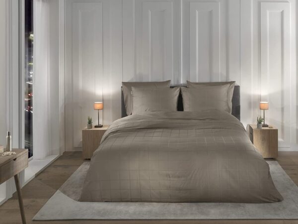 Heckett & Lane Mako-Satin Bettwäsche 135x200 Diamante Taupe Grey Karo Wende uni EAN:8718518282895