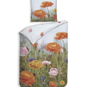 Heckett & Lane Mako-Satin Bettwäsche 135x200 Sonja Blüten Wiese orange rosa EAN:8718518376259