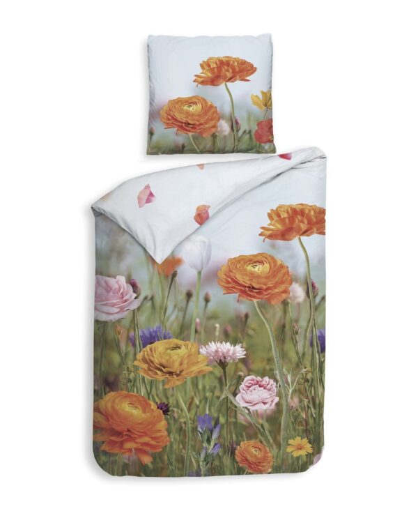 Heckett & Lane Mako-Satin Bettwäsche 135x200 Sonja Blüten Wiese orange rosa EAN:8718518376259