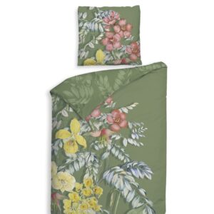 Heckett & Lane Mako-Satin Bettwäsche 135x200 Jean Green Blüten Tropic grün gelb EAN:8718518409544