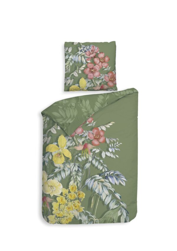 Heckett & Lane Mako-Satin Bettwäsche 135x200 Jean Green Blüten Tropic grün gelb EAN:8718518409544