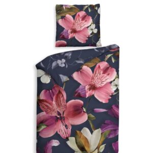 Heckett & Lane Satin Bettwäsche 135x200 Tropici Navy blue Blüten Lilien pink ... EAN:8718518426756