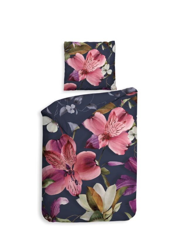 Heckett & Lane Satin Bettwäsche 135x200 Tropici Navy blue Blüten Lilien pink ... EAN:8718518426756