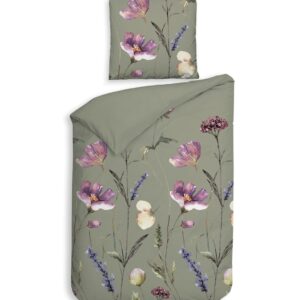 Heckett & Lane Flanell Bettwäsche 155x220 Vico Green Wiesenblumen beere khaki EAN:87185184344