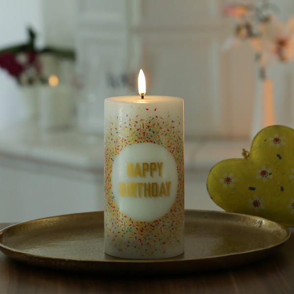 LED Kerze HAPPY BIRTHDAY - Echtwachs - H: 15cm - D: 7