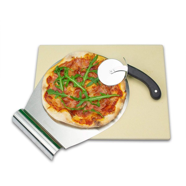 RADOLEO® Pizzastein L aus Cordierit - Premium Set mit Pizza-Roller & Pizzaschaufel | für Gas Grill & Back-Ofen | edle Verpackung | 38x30x1