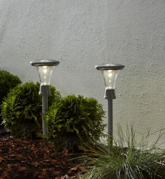 LED-Solar-Lights "Turin" - 2er Set - WW LEDs - Edelstahl - H: 47cm - D: 13