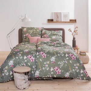 Estella Samt + Seide Flanell Bettwäsche 155x220 Lavarone oliv Blüten 5433-540 EAN:4053912513461