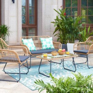 Garten Sitzgruppe 7-teilig Polyrattan Farbe natur mit Tisch und Kissen EAN:4062444018924