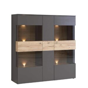 Highboard Vitrine COMO 3-trg. Optik: Grau / Planked Eiche von Forte EAN:5904767173425