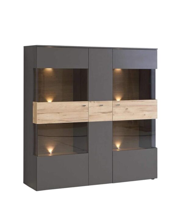 Highboard Vitrine COMO 3-trg. Optik: Grau / Planked Eiche von Forte EAN:5904767173425