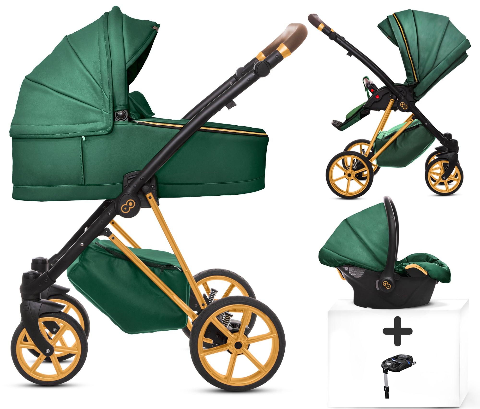 TPFLiving 4in1 Kinderwagen Royal Kunstleder - Grün / Gestell Gold