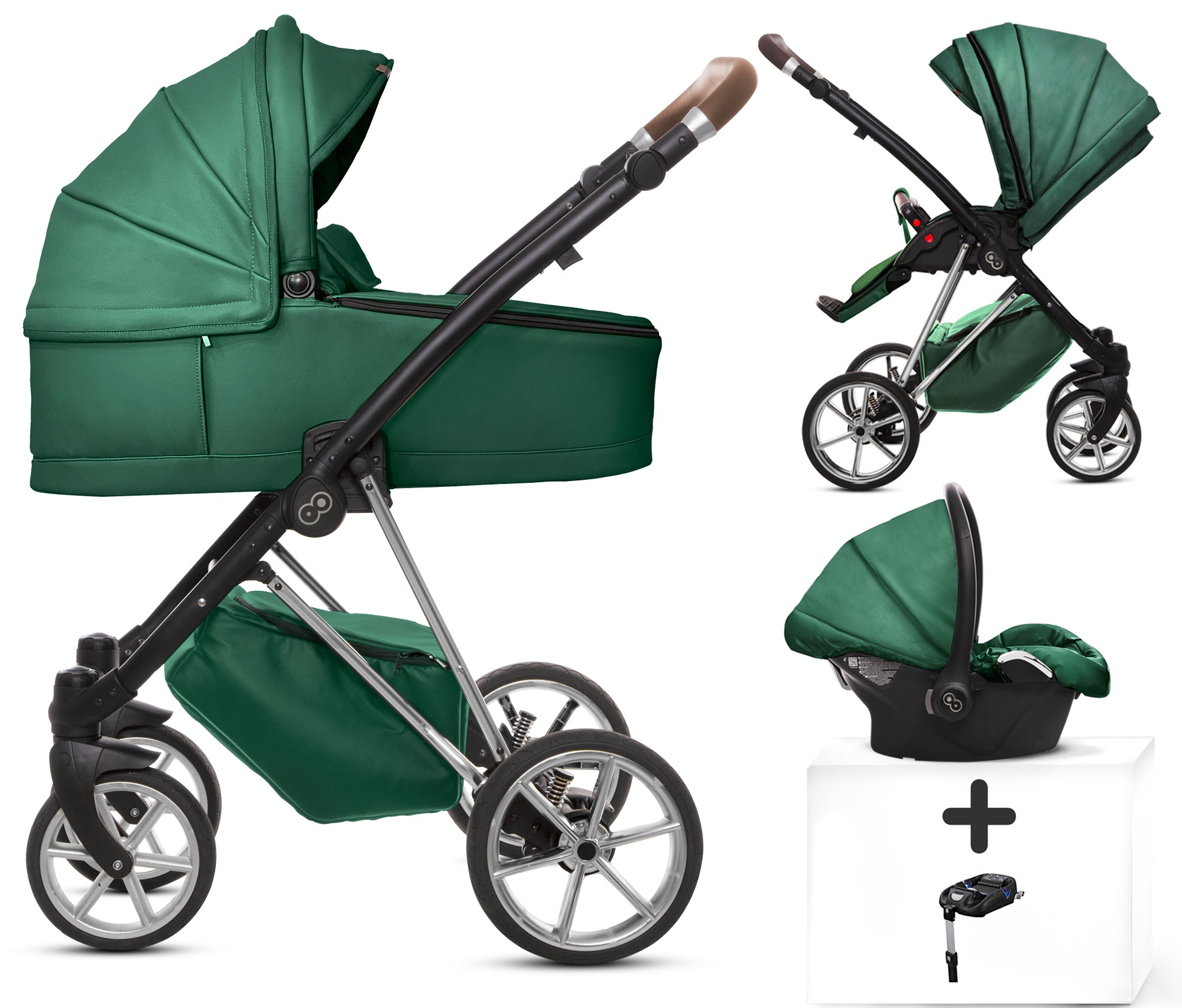 TPFLiving 4in1 Kinderwagen Royal Kunstleder - Grün / Gestell Silber